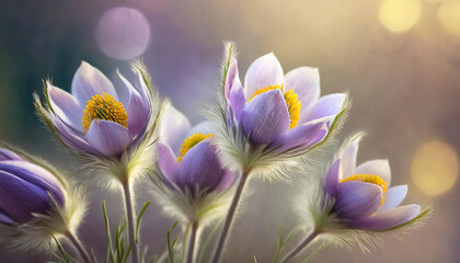 Piękne kwiaty sasanki na wiosną, dekoracyjne tło, generative ai