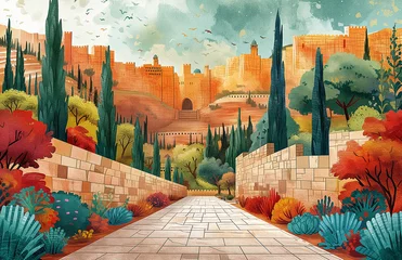 Foto op Plexiglas illustration of  the ancient city of jerusalem with no people © meta-frames