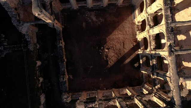 Aerial view of the ruins of an ancient abandoned monastery in Santa Maria de rioseco, Burgos, Spain. High quality 4k footage