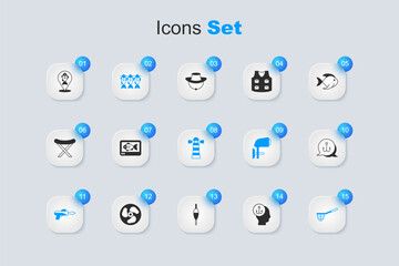 Set Fisherman, finder echo sounder, Dried fish, Fishing harpoon, net, hook, Location fishing and Lighthouse icon. Vector