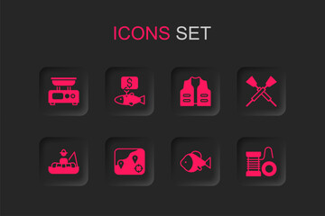 Set Location fishing, Price tag for, Electronic scales, Fish, Crossed oars paddles boat, Spinning reel, Fishing jacket and Fisherman icon. Vector