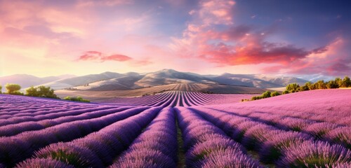 Rolling hills of lavender under a pastel sky, as a gentle breeze whispers through the serene...