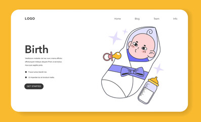 New born baby sleeping in a blanket web banner or landing page. Cute baby, cheerful character wrapped in clean diaper. Childhood years. Life milestones. Flat vector illustration