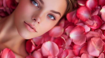 Ethereal Beauty Immersed in Vivid Pink Rose Petals, Dreamlike Softness and Allure