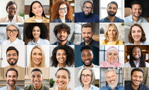 Collage represents a virtual corporate environment where individuals from various demographics engage in online work and global business interactions. Virtual connection concept