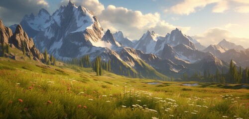 Mesmerizing secluded alpine meadow surrounded by towering granite peaks at golden hour. - obrazy, fototapety, plakaty