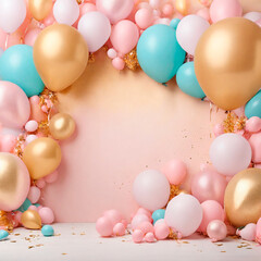 A pastel birthday background with gold and pink balloons and a place for text. for a postcard. AI Generative. Festive background with colorful balloons and confetti. 3d render.