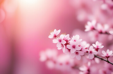 Nature spring background with blossom branch of pink sakura flowers. Sunny weather. Copy place. Blur. Bokeh