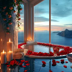 Fototapeten Romantische Szene mit Rosenblättern und einem liebevoll dekorierten Bad mit Meerblick bei Sonnenuntergang © Stefan Freytag