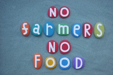 No farmers no food, social slogan composed with hand painted multi colored stone letters over green...