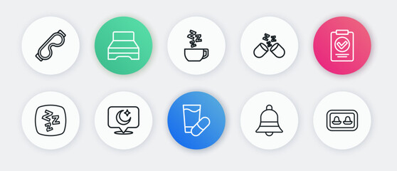 Set line Sleeping pill, Medical prescription, Sleepy, Ringing bell, Chamomile tea, Earplugs with storage box and Moon and stars icon. Vector