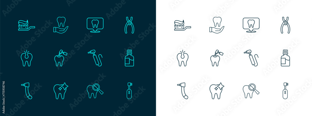 Wall mural Set line Dental pliers, Tooth whitening, drill, Broken tooth, with caries and, clinic location, Toothbrush toothpaste and icon. Vector