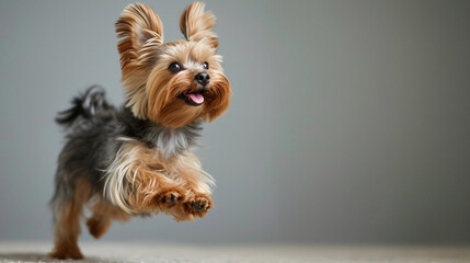 A dynamic action shot of a Yorkie enjoying a playful moment after a professional haircut, the groomed fur emphasizing the contours of its lively and expressive personality.