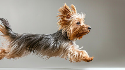 A dynamic action shot of a Yorkie enjoying a playful moment after a professional haircut, the groomed fur emphasizing the contours of its lively and expressive personality.