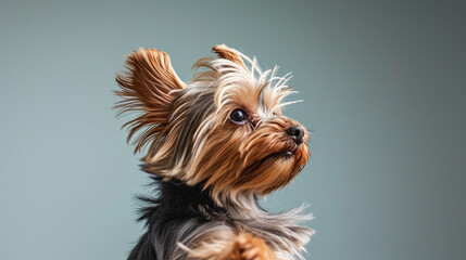 A dynamic action shot of a Yorkie enjoying a playful moment after a professional haircut, the groomed fur emphasizing the contours of its lively and expressive personality.