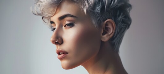 Close-up profile portrait of a young Caucasian woman with short hair dyed grey. Attractive female model with trendy hairstyle and perfect makeup. Isolated on grey background. - obrazy, fototapety, plakaty