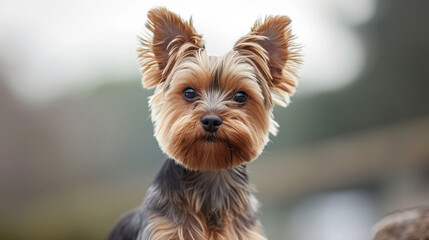 A Yorkie posing confidently with a creative and eye-catching haircut, featuring intricate patterns and shapes shaved into its fur. The groomed design adds an artistic and personali