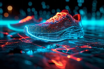 Holographic projection of sports sneakers with neon lighting on navy blue background. Flickering flux of particle energy. Scientific design and engineering of sports shoes. - obrazy, fototapety, plakaty