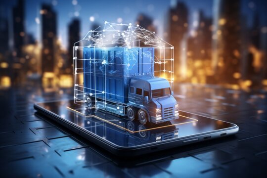 A 3D model of a truck, on a beautiful blurred background of a night city. Online shopping and delivery