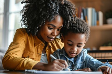 Young beautiful African American mother helping her little preschool son learn how to write. Adorable mom and cute child play and learn at home. - obrazy, fototapety, plakaty