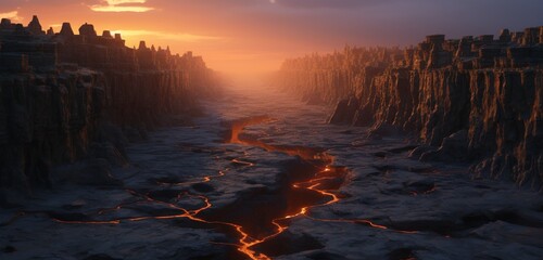 Surreal canyon at dusk, where the hyper-realistic rocks seem to emanate an otherworldly glow, casting intricate shadows on the canyon floor. Twilight.