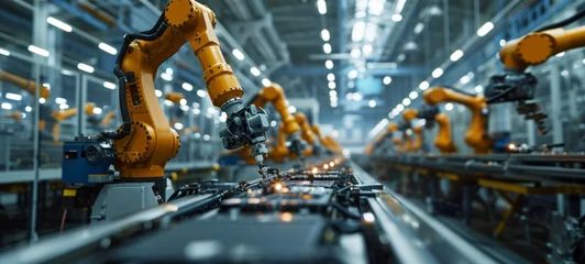 Fotobehang Modern hi-tech facility with automated line and AI-controlled robotic hands for hi-precision assembling of complex mechanisms. Industrial automation and conveyor systems in smart factory. © Fat Bee
