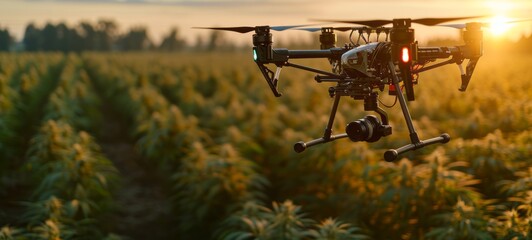 Drone flying over a large outdoor hemp field, equipped with advanced sensors and cameras, providing real-time data to farmers for better crop management and monitoring of legally cultivated hemp. - obrazy, fototapety, plakaty