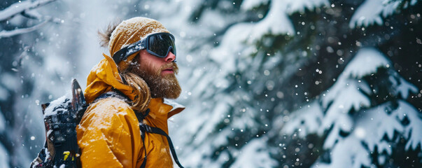 Close-up shot of a snowboarder wearing yellow jacket, winter hat and goggles. Young bearded Caucasian man looks ahead and ready to ride down the snowy slope. Winter forest on the background. - Powered by Adobe