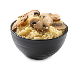Delicious bulgur with mushrooms in bowl isolated on white