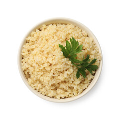 Delicious bulgur with parsley in bowl isolated on white, top view