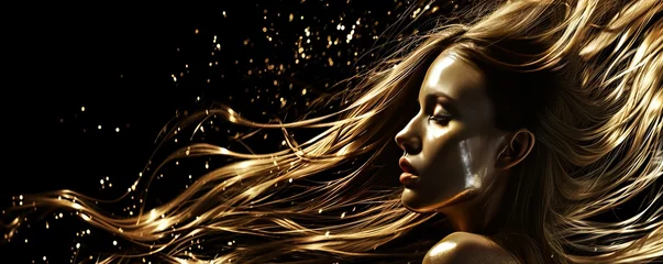 Tuinposter Close-up portrait of beautiful young woman with her skin and hair dyed gold. Seductive female model with long flowing hair and magical golden glow. Isolated on black background. © Fat Bee