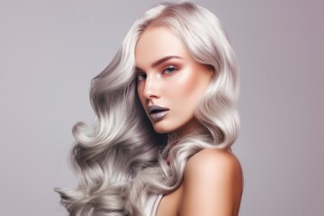 Close-up portrait of a young beautiful Caucasian woman with long blonde hair. Attractive female model with perfect makeup, lush flowing hair and seductive look. Isolated on grey background. - obrazy, fototapety, plakaty