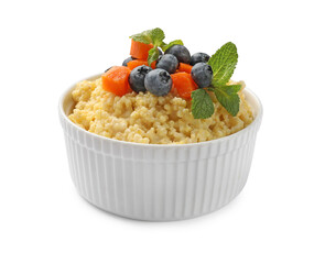 Tasty millet porridge with blueberries, pumpkin and mint in bowl isolated on white © New Africa