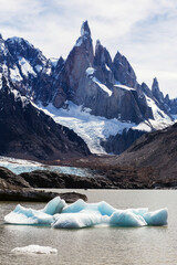 Ice pieces floating in laguna Torre, infront of cerro Torre, in Chaltén national park, Argentina