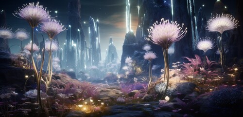 Surreal cosmic garden with towering crystal spires releasing hyper-realistic glowing pollen, creating a surreal dance of light in the air. Pollen.
