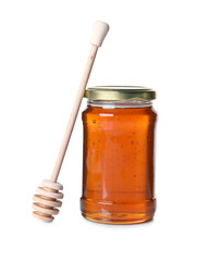 Tasty natural honey in glass jar and dipper isolated on white