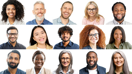 A collage of individual headshots showcases a vibrant array of men and women from various cultural...