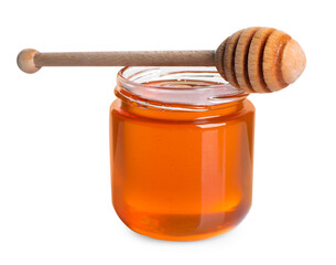Tasty natural honey in glass jar and dipper isolated on white