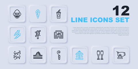 Set line Bowling pin, Cannon, Magic hand mirror, Attraction carousel, Firework rocket, Roller coaster, Ice cream waffle and Birthday party horn icon. Vector