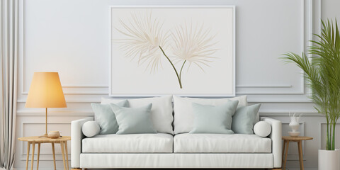 Blank horizontal poster frame mock up in minimal Scandinavian white style living room interior, modern living room interior background, pink and golden