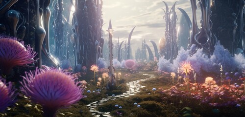 Surreal cosmic garden with towering crystal spires releasing hyper-realistic glowing pollen, creating a surreal dance of light in the air. Pollen. - obrazy, fototapety, plakaty