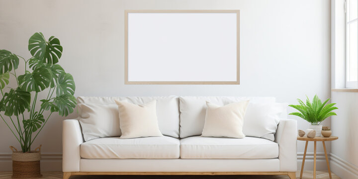Blank horizontal poster frame mock up in minimal Scandinavian white style living room interior, modern living room interior background, pink and golden © biswajit