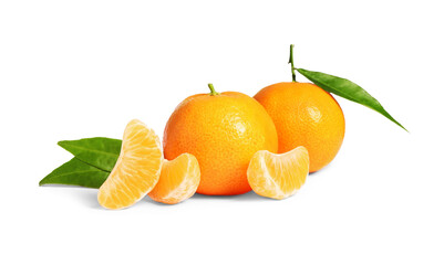 Fresh ripe juicy tangerines with green leaves isolated on white
