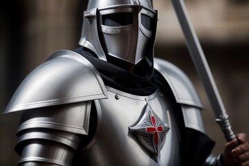 Templar Knight. Crusades Knight Templar with Red Cross, Silver Armor and Sword. Generated AI