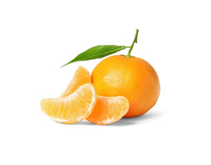 Fresh ripe juicy tangerines with green leaf isolated on white