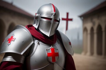 Templar Knight. Crusades Knight Templar with Red Cross, Silver Armor. Generated AI