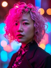 Fototapeta premium Adult Chinese Woman with Pink Curly Hair vintage photo. Portrait of a person in 1980s aesthetics. Punk fashion. Historic photo Ai Generated Photorealistic Vertical Image.