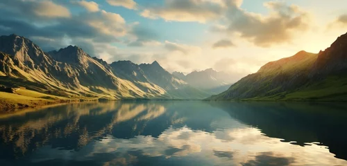 Foto op Plexiglas Reflectie Mesmerizing secluded mountain lake reflecting a cloud-streaked sky at golden hour.
