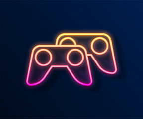 Glowing neon line Game controller or joystick for game console icon isolated on black background. Vector