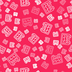 White line Computer monitor with cardiogram icon isolated seamless pattern on red background. Monitoring icon. ECG monitor with heart beat hand drawn. Vector